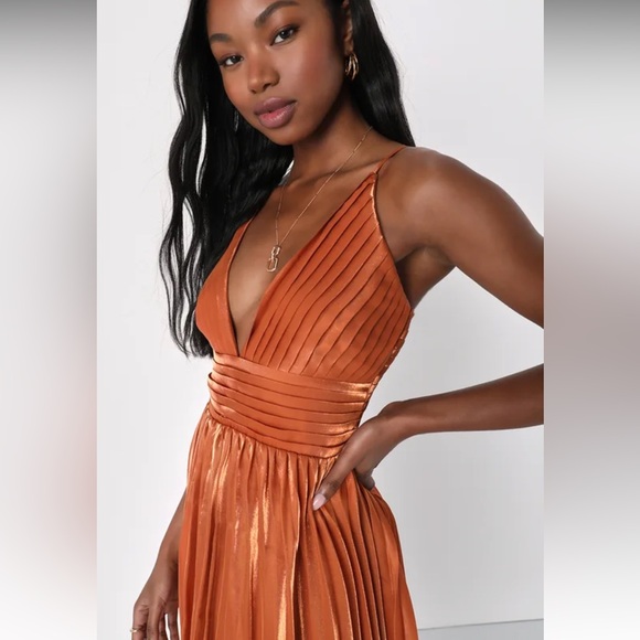 Lulus Romantic Aesthetic Shiny Rust Orange Pleated Midi Dress - Picture 1 of 3